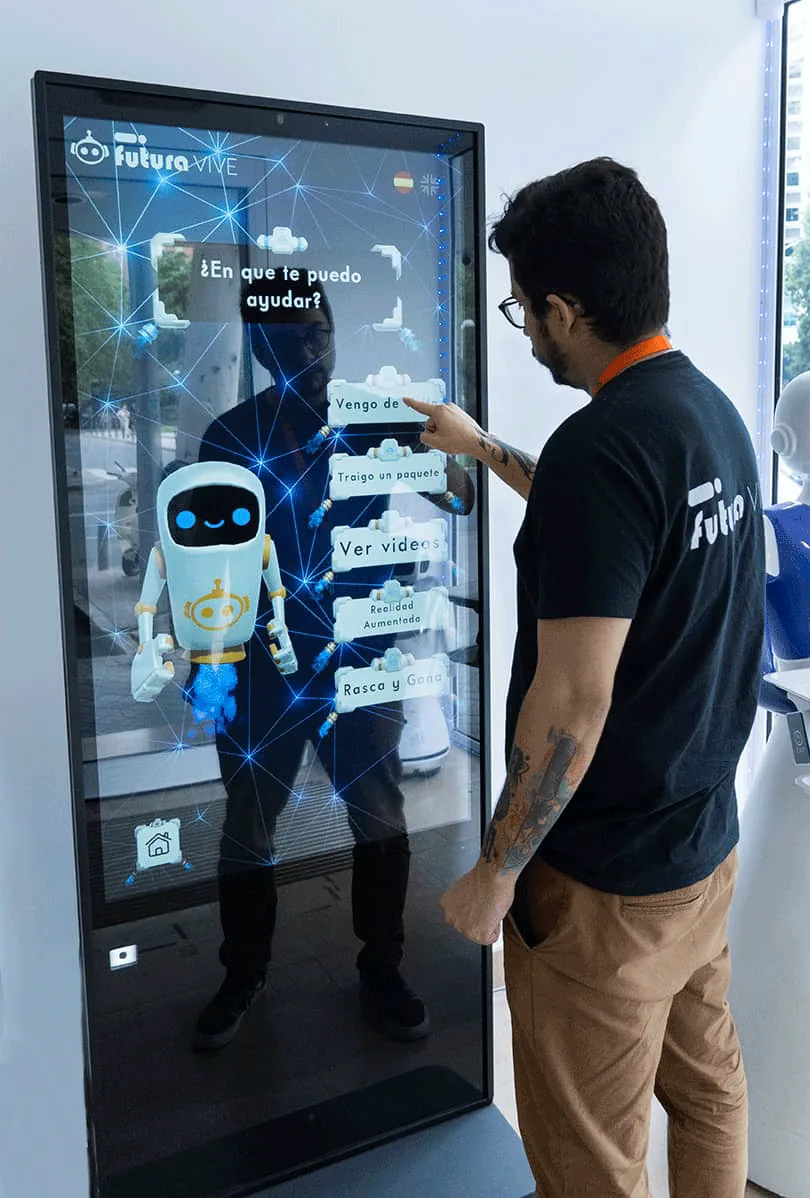 Tótem interactivo de acreditación en un evento.